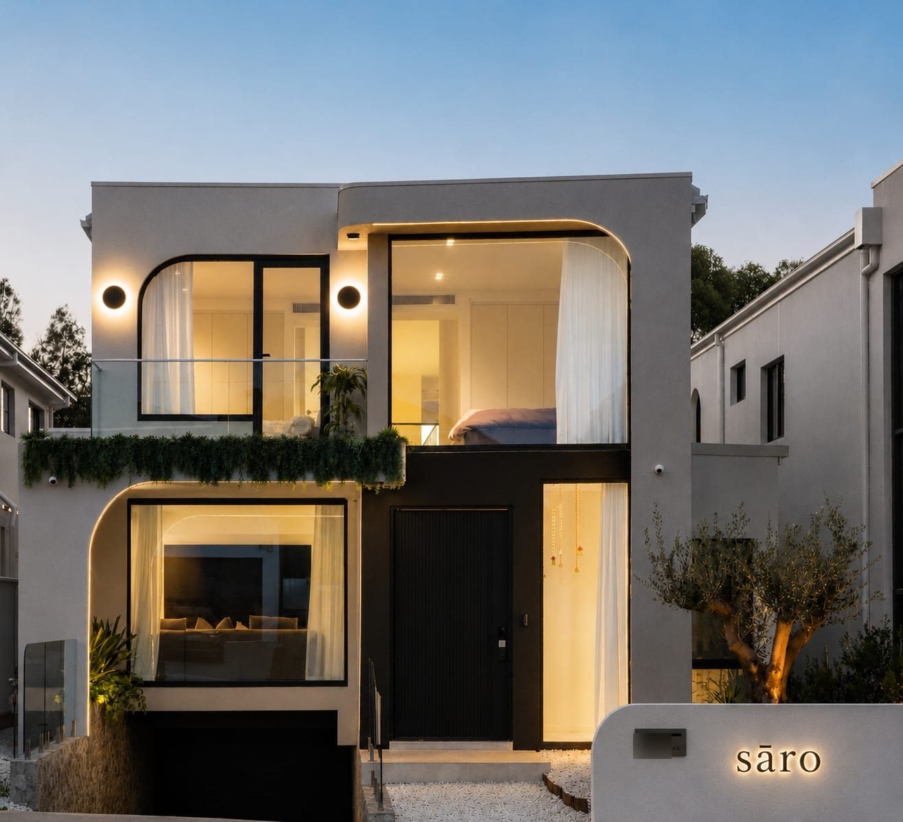 Completed NeoGen custom home in Gledswood Hills at dusk